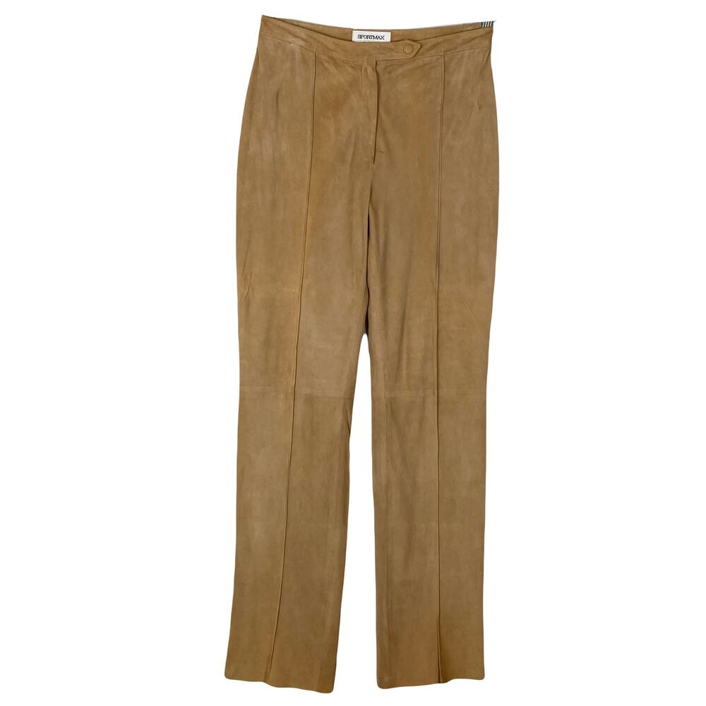 SPORTMAX Pants 8 ITALY Vintage Tan Suede Leather Lined Zip Stitch-Detail